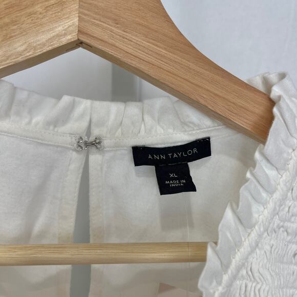 NWT ANN TAYLOR Smocked Knit Top Ruffle Neck 3/4 Sleeve Cotton Knit White Size XL - Picture 8 of 10